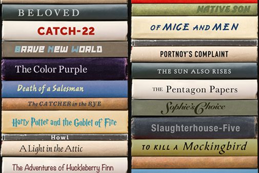 A stack of banned books, spine out