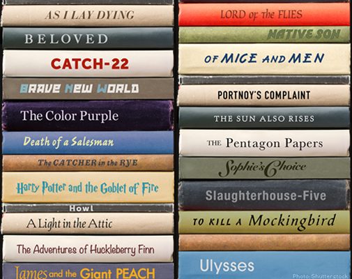 A stack of banned books, spine out