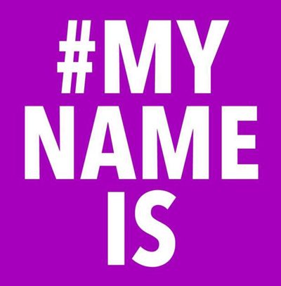 Purple background with the text "#MY NAME IS" in white