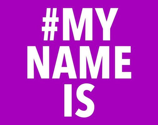 Purple background with the text "#MY NAME IS" in white