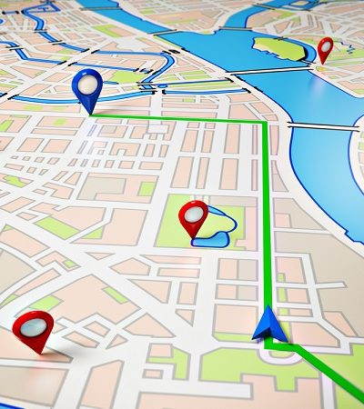 digitally created aerial map of a city with location markers