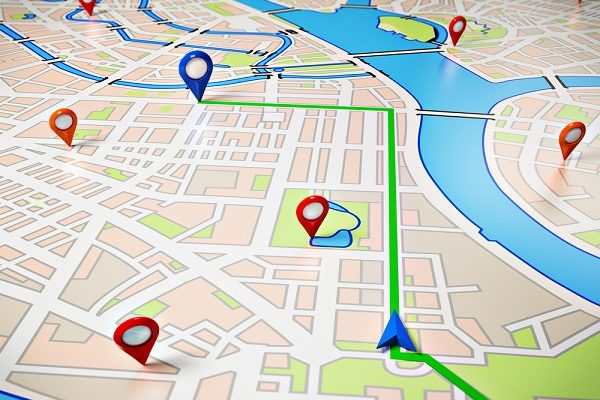 digitally created aerial map of a city with location markers