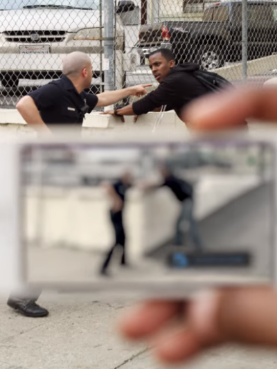 A police officer is gesturing at a man in the background. In the foreground, a hand is holding a phone recording the encounter.