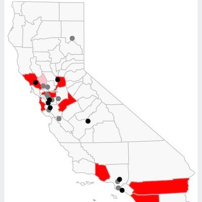 Map of California, with dots marking the areas where local law enforcement has acquired social media monitoring software