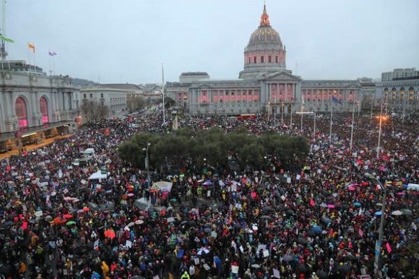 Thousands protest against the Muslim ban in front of San Francisco City Hall in January 2017