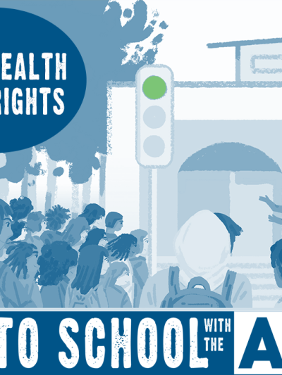 Illustration of school with students saying "Back to school with ACLU"