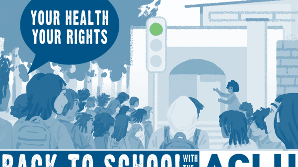 Illustration of school with students saying "Back to school with ACLU"