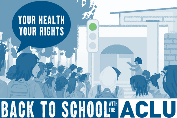 Illustration of school with students saying "Back to school with ACLU"
