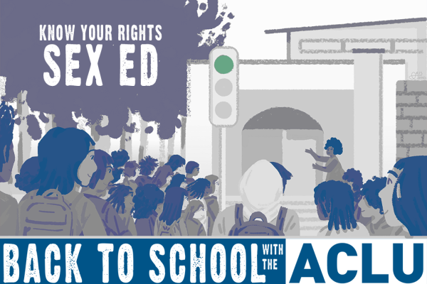 school scene with "know your rights: sex ed" on it