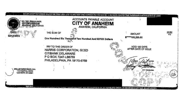 An image of a check from the City of Anaheim to Harris Corporation, for $106,200