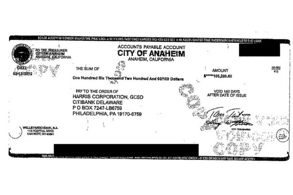 An image of a check from the City of Anaheim to Harris Corporation, for $106,200