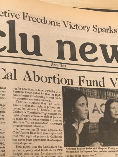 A clipping from the 1981 ACLU News announcing victory in the lawsuit to protect abortion care in California