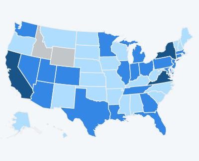 Map of the U.S., representing the number government data demands by state, released by Twitter
