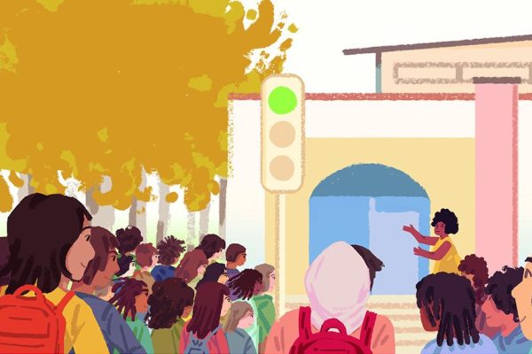 illustration of students outside a school building