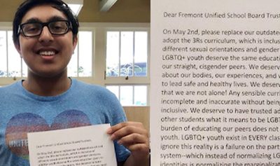 The author stands in their school library, holding their letter to the school district and smiling at the camera