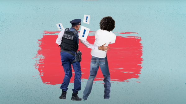 illustration of a Black person being patted down by a police officer