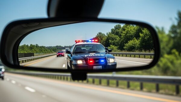 police car with lights on seen from a car's rearview mirror