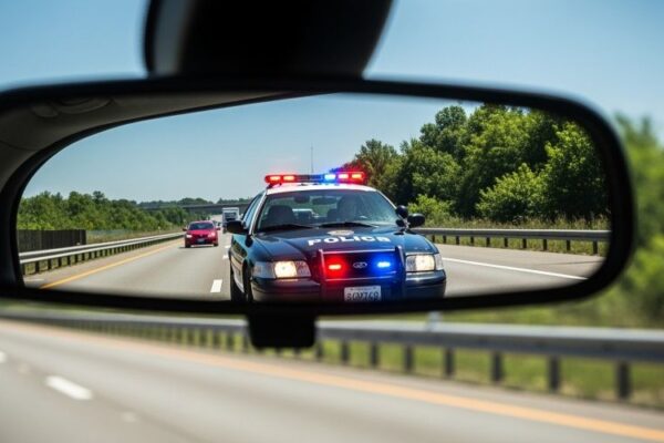 police car with lights on seen from a car's rearview mirror