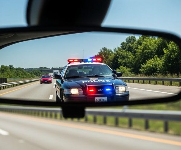 police car with lights on seen from a car's rearview mirror