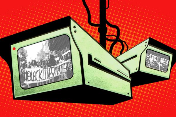Two surveillance cameras with reflection of BLM protesters. Image by Electronic Frontier Foundation under Creative Commons license.