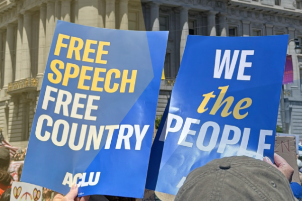 people holding up signs at a protest saying "Free speech free country" and "We the people"