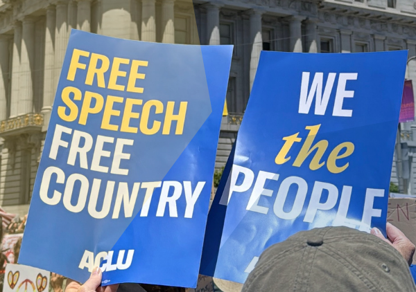 people holding up signs at a protest saying "Free speech free country" and "We the people"