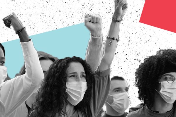 Graphic featuring a photo of young students with fists raised in the air. in the background there are two solid color blocks - one light blue, one red.