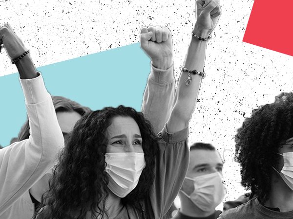 Graphic featuring a photo of young students with fists raised in the air. in the background there are two solid color blocks - one light blue, one red.