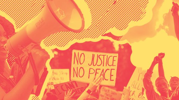 Graphic with yellow and red colors. To the left of the image is a Black woman holding a megaphone, in the middle there is a cropped image of a person holding a rally sign reading "No justice, No peace" and on the left is a Black man with his fist raised in the air.