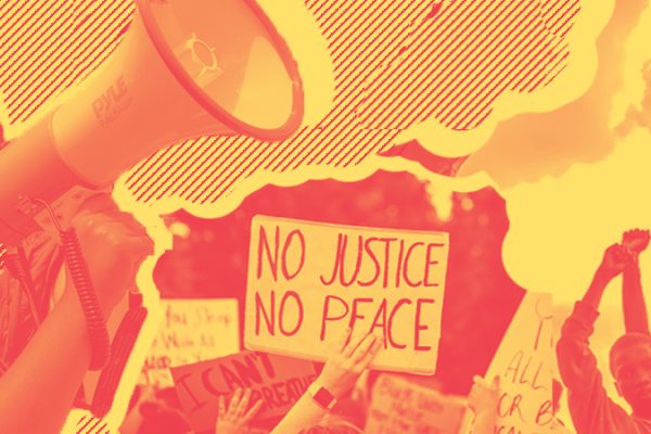 Graphic with yellow and red colors. To the left of the image is a Black woman holding a megaphone, in the middle there is a cropped image of a person holding a rally sign reading "No justice, No peace" and on the left is a Black man with his fist raised in the air.