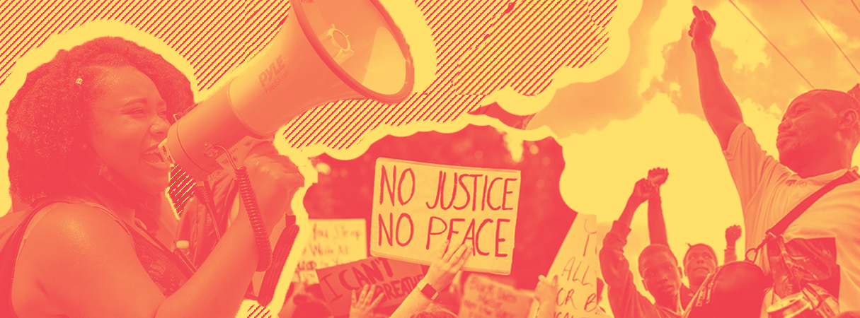 Graphic with yellow and red colors. To the left of the image is a Black woman holding a megaphone, in the middle there is a cropped image of a person holding a rally sign reading "No justice, No peace" and on the left is a Black man with his fist raised in the air.