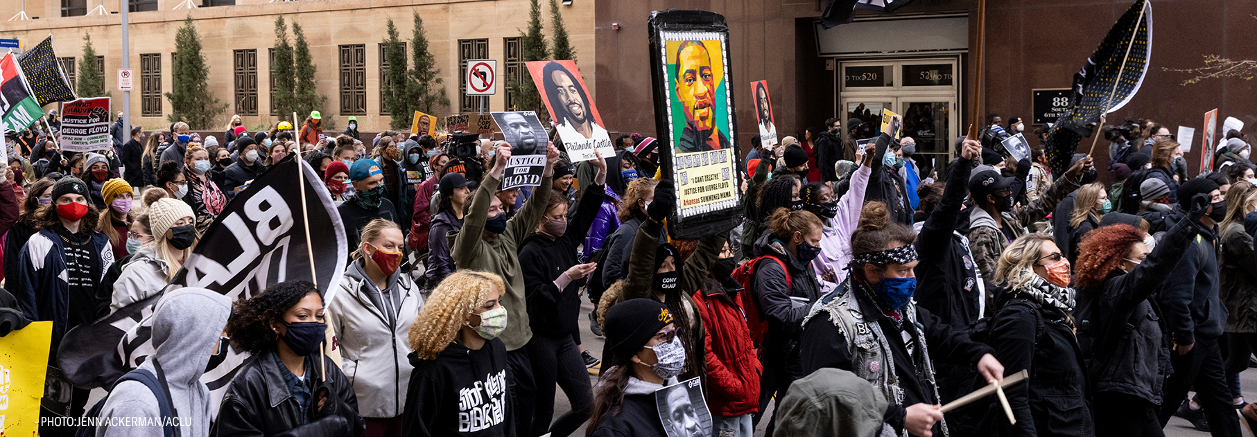 Protesters rally in downtown Minneapolis on the day of the Derek Chauvin murder trial