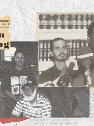 A collaged image with an archived news clipping in the top left corner that reads "Racial Discrimination in Richmond Housing". A generic 'For Sale' sign is seen underneath that. A Black man and woman are pictured together, and then a Black man is pictured at a podium. On the far right of the image is an image of an apartment building in black and white.