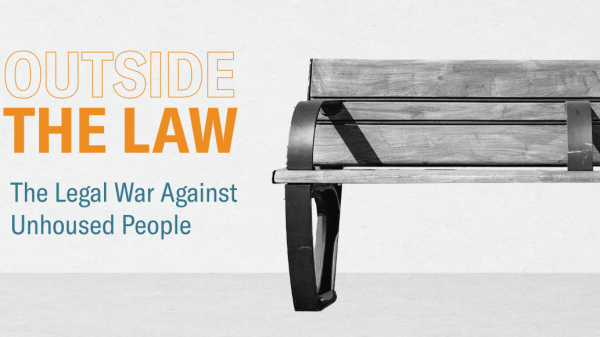 A bench is to the right with text to the left that reads "Outside the Law"