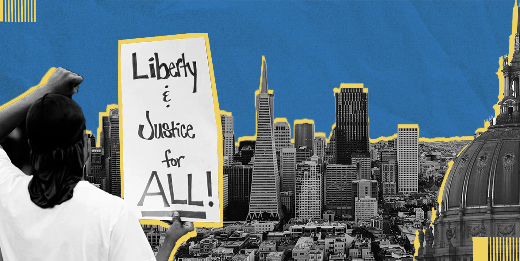 protestor holding sign saying "Liberty and justice for all" in SF