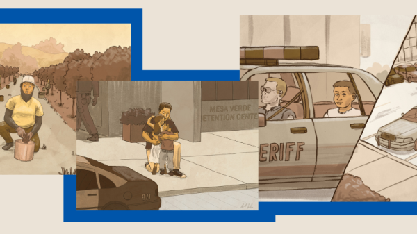 Sepia illustrations of Erika, Nelson, and Nestor