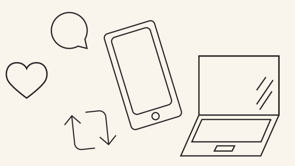 line drawing of a computer and phone