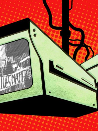 SFPD Surveillance Graphic, Two Surveillance Cameras on Red Background, Spying on BLM Activists