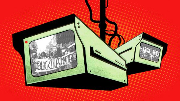 SFPD Surveillance Graphic, Two Surveillance Cameras on Red Background, Spying on BLM Activists