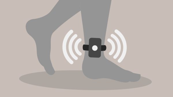 Illustration of an ankle monitor strapped to a person's leg.