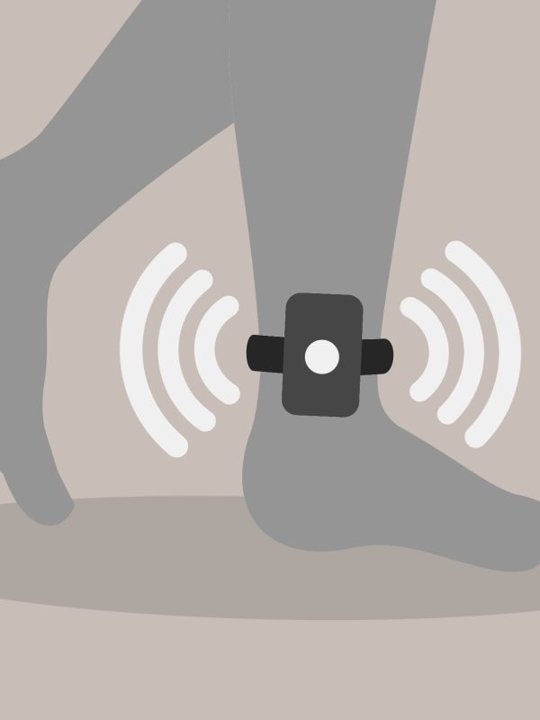 Illustration of an ankle monitor strapped to a person's leg.