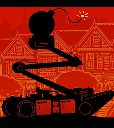 Black and red graphic with a robot carrying a bomb outside of San Francisco's painted ladies