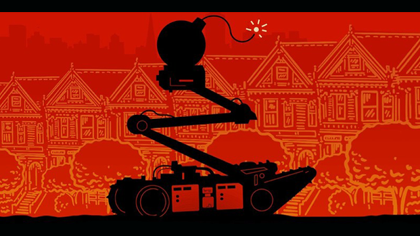 Black and red graphic with a robot carrying a bomb outside of San Francisco's painted ladies