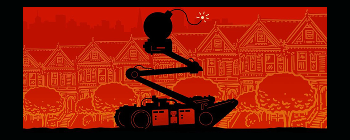 Black and red graphic with a robot carrying a bomb outside of San Francisco's painted ladies