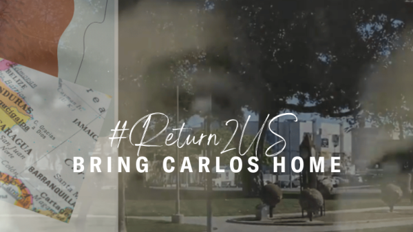 Childhood photo of Carlos and his mom, overlayed with map of Central America