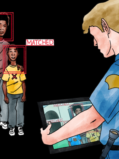 Illustrated image of a white police officer using face surveillance on a Black family. It