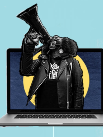 An image of a Black woman activist coming out of a laptop screen holding a megaphone. The background is light blue.