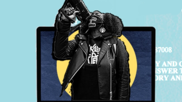 An image of a Black woman activist coming out of a laptop screen holding a megaphone. The background is light blue.