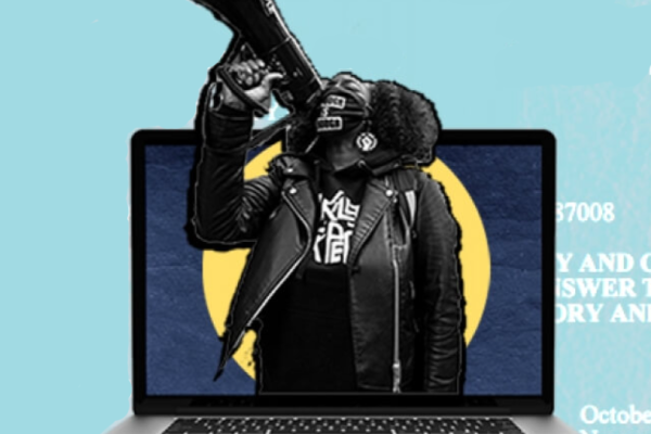 An image of a Black woman activist coming out of a laptop screen holding a megaphone. The background is light blue.
