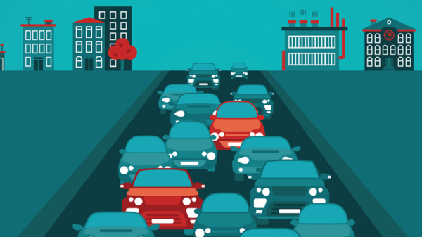 Illustrated photos of cars driving down a freeway